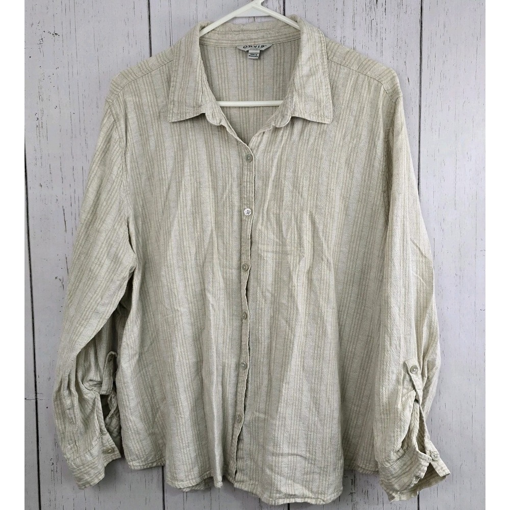 Orvis Classic Womens XXL Beige Linen Blend Button Up Roll Sleeve Gorpcore